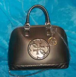GUESS Amy Dome Pewter / Dark Silver Patent Cross Body Bag W/ Logo Charm-LARGE - Picture 1 of 23