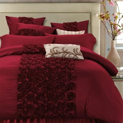 King 6 Pcs Cotton Satin Wine Rosette Bedding Set - Image 1 of 4
