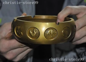 5" China brass the twelve Chinese zodiac signs animal Pen wash Ashtray statue - Picture 1 of 8