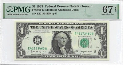 1963 $1 RICHMOND FRN. PMG SUPERB GEM Uncirculated 67 EPQ Banknote. E/B block - Image 1 of 2