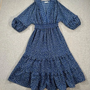 Max Studio Midikleid V-Ausschnitt Empire-Taille Damen klein blau gepunktet Rüschen Stufen - Bild 1 von 9