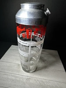 Vintage Cocktail Glass Red Shaker Drink Mixer 12 Recipes Bar Decor MCM Complete - Picture 1 of 8