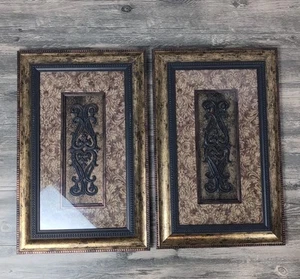 Ornate Scroll Wall Art Set 2 Framed Gold Damask Elegant Baroque Decor 14x22" - Picture 1 of 17