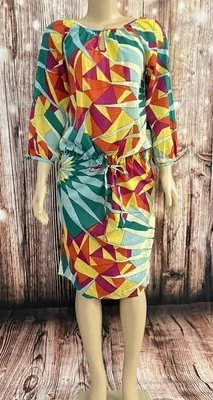 Antik Batik Geometric Colorful Blouson Dress Size S Small Waist Tie - Image 1 of 4