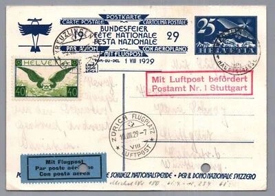 Suiza correo aéreo entero Zurich Kreuzlingen Stuttgart 1929 - Imagen 1 de 2