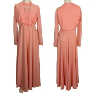 Maxi Vestido Vintage Dos Piezas Años 70 Encaje Cintura Imperio Color Salmón Pequeño Mediano - Imagen 1 de 24