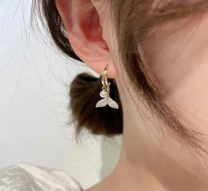 Beautiful 10K Yellow Gold With Simulated Pearl & Moissanite Drop-Dangle Earrings - Picture 1 of 3