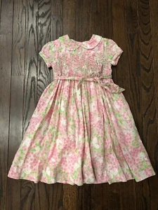 Lilly Pulitzer Girls 4/4T Pink/Green/White Smocked Dress w/Butterfly Design VGUC - Picture 1 of 15