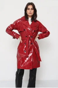 Women Red Water Resistant Shiny Vinyl Belted Classic Double Breasted Trench Coat - Picture 1 of 10