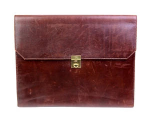 VINTAGE BROWN GENUINE LEATHER THREE COMPARTMENTS CLASP DOCUMENT PAPER ORGAIZER - Picture 1 of 12