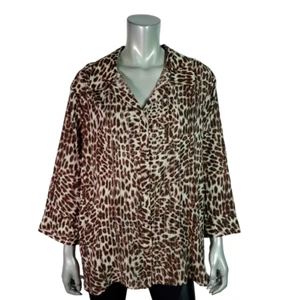 Covington Top Plus Size 20/22W Animal Print Collared Button Up Long Sleeve Brown - Picture 1 of 5