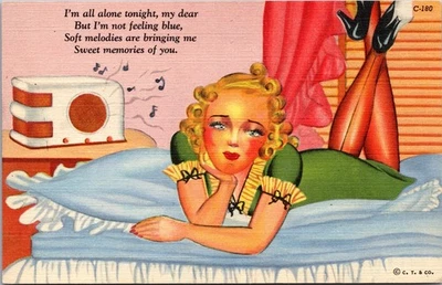 Tarjeta postal de lino Pinup Girl escuchando radio Curt Teich What A Life Comics Foto 1 de 2