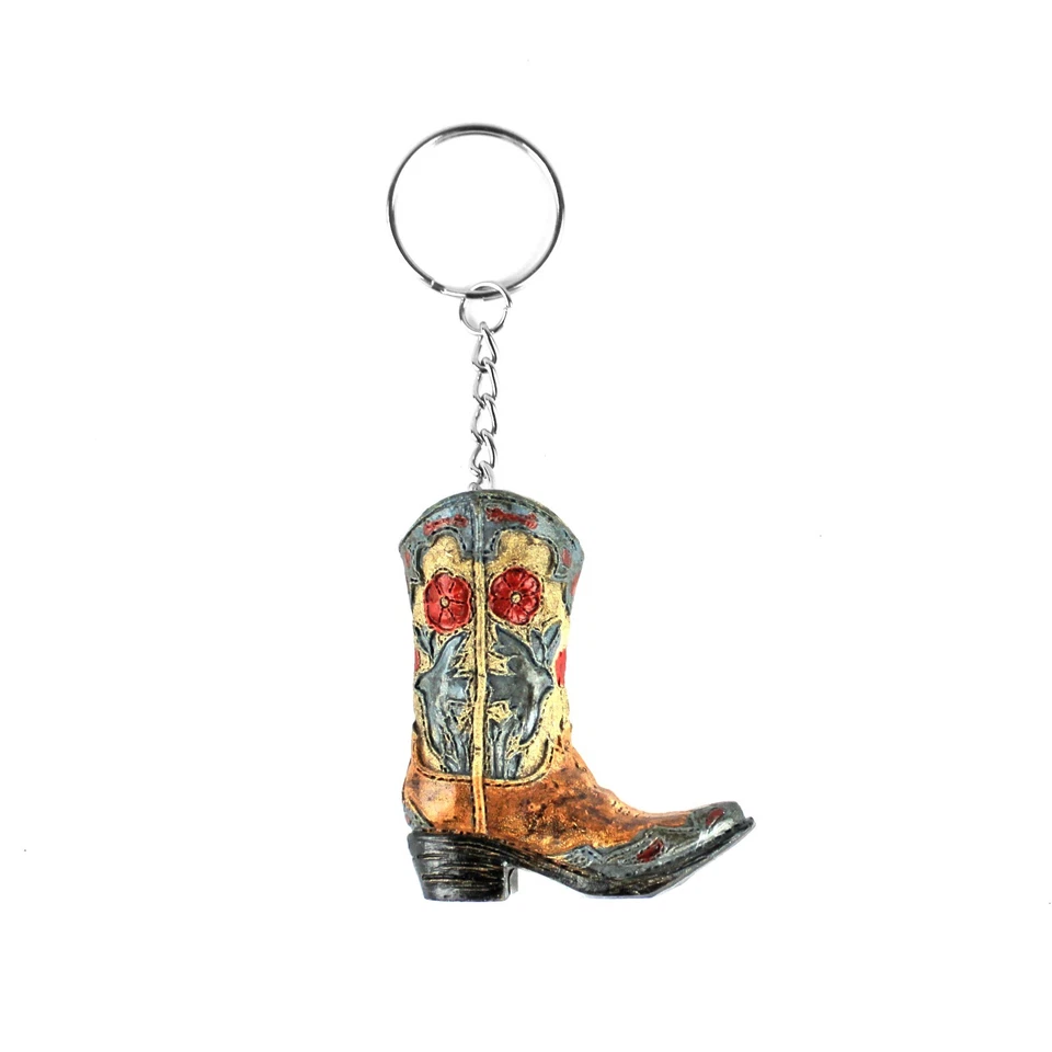 Floral Cowboy Boot Keychain Key Ring Hand Painted Polyresin Western Cowgirl - Image 1 of 4