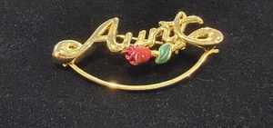 AUNT Charm Holder Brooch Pin For Grandchildren Kids Charms Gold Tone Red Rose - Picture 1 of 4
