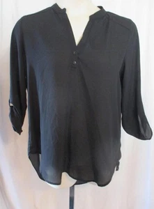 Reg L Teenbell Black TunicTop Blouse V-neck Band Collar 3/4 Sleeve Polyester - Picture 1 of 5