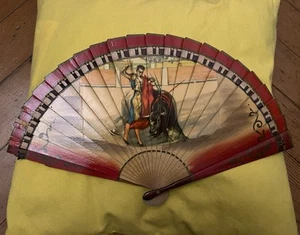 Vintage Handheld Spanish Fan Wooden/ Bull Fighting Excellent Condition Pre-owned - Picture 1 of 5