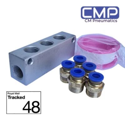 1/ 8 BSP pneumatic Manifold, compressor, Air line 3 WAY with 6mm fittings - Image 1 of 4