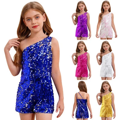 UK Girls Sparkle Sequins Short Romper Sleeveless One Shoulder Jumpsuit Dancewear - Image 1 of 4