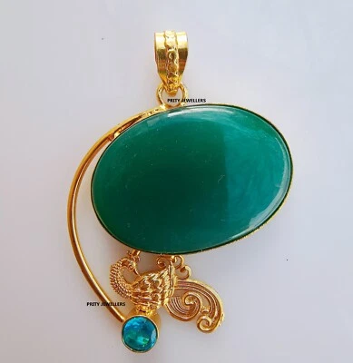 Кулон павлин позолоченный зеленый оникс ручной работы 2,4 дюйма для женщины - Изображение 1 из 4