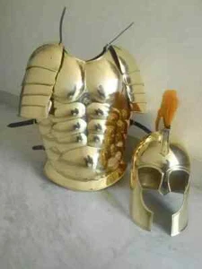 Christmas SOLID BRASS MUSCLE ARMOUR JACKET WITH SHOULDERS & TROY HELMET NEW - Picture 1 of 4