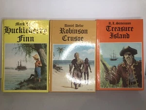 3 Legendary Classics Books Huckleberry Finn, Treasure Island, Robinson Crusoe - Imagen 1 de 12