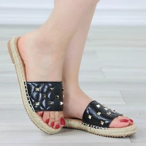 Espadrille Flat Sandal Slip On Sliders Womens Trendy Gold Studs Quilted Toe Band - Picture 1 of 24