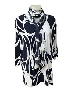 Susan Graver Liquid Knit Womens 1X Navy White Top w/ Scarf 3/4 Sleeve - Picture 1 of 7