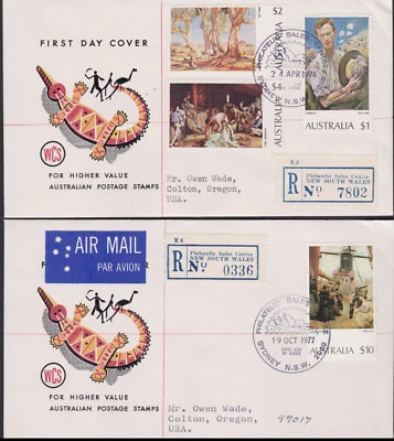 1974 & 1977 $1 $2 $4 & $10 Paintings on 2 Registered WCS FDC CROCODILE CACHETS - Image 1 of 4