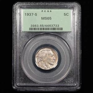 1937-S Buffalo Nickel Five Cent 5c - PCGS GRADED MS65 - Excellent Color - OGH - Picture 1 of 4