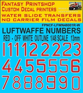German Luftwaffe Code Numbers RED - OFF WHITE OUTLINE 13mm FPNCF-LFWN48001R-W - Picture 1 of 4