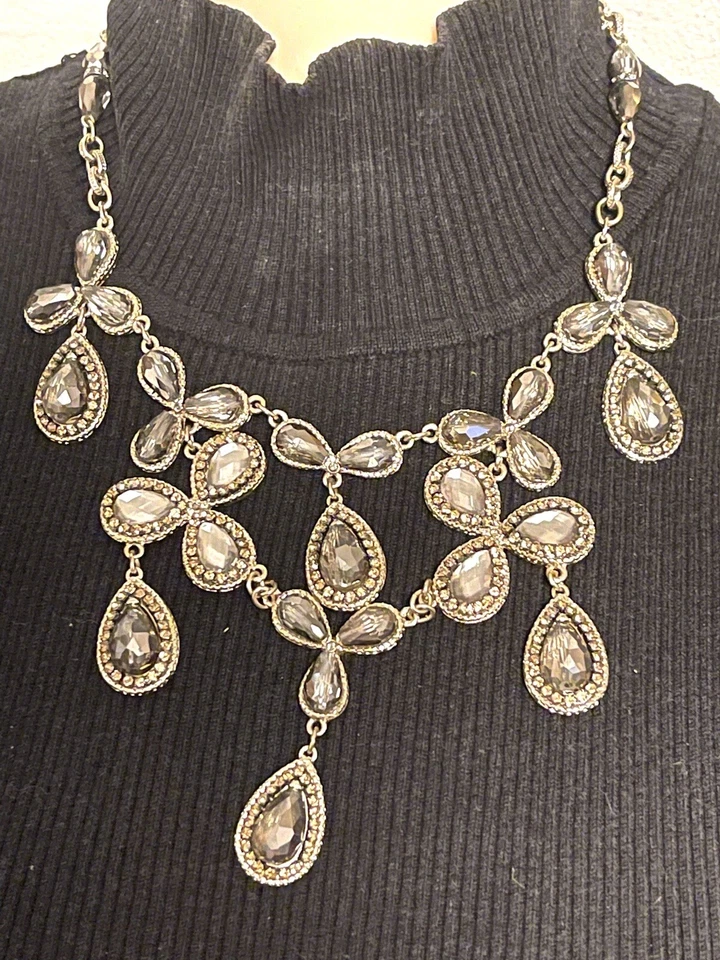 Gorgoues Gold Tone Grey Tinted Glass Rhinestone necklace, -WHBM, Statement Piece - Image 1 of 4