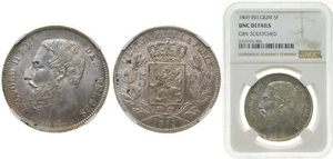 Belgium 1869 5 Francs Silver (.900) (10% copper) NGC UNC - Picture 1 of 1