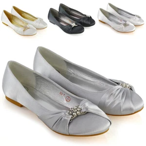 Womens Wedding Shoes Satin Diamante Brooch Ladies Flats Ballet Pumps Size 3-9 - Picture 1 of 25