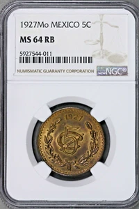 Mexico 1927 Mo 5 Centavos NGC MS 64 RB Rare Quality S708 - Picture 1 of 2