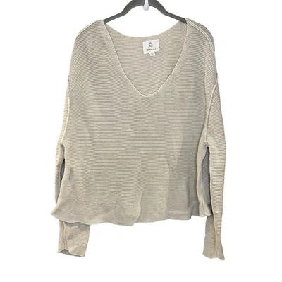 Aerie Oversized Sweater Beige Cotton Slouchy Cozy V-Neck Beachy Size L - Image 1 of 4