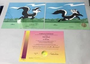 Chuck Jones Le Pursuit Pepe Le Pew handsigniert bemalt Looney Tunes cel Diptychon - Bild 1 von 9