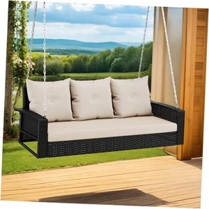 3-Seats Outdoor Hanging Porch Swing 3 Seats Black Rattan Light Brown Cushion - Picture 1 of 7