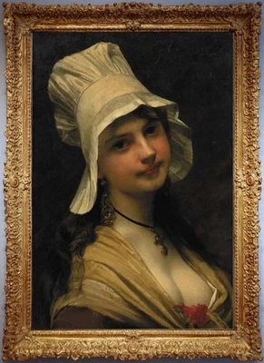 Antiguo arte maestro hecho a mano pintura al óleo antigua retrato niña sobre lienzo 24"x36" Foto 1 de 2