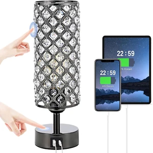 Crystal Table Lamp,Black Lamp with USB C+A Ports, 3 Way Dimmable Light with Crys - Picture 1 of 7