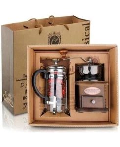 Home Cafe Wooden Manual Coffee with French Press Pot Grinder Antique Style Set - Picture 1 of 11
