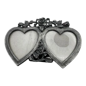 Vintage Pewter Double Heart Photo Frame with Roses, 5”x3” Romantic Design - Picture 1 of 9