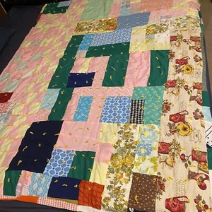 70s Handmade Colorful Crazy Quilt 2Sided Polyester 81x64 Vtg Cottage Granny Core - Picture 1 of 11
