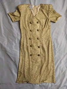 Vintage Laurence Kazar Dress 80s Gold Sequin Faux Button 100% Silk Womens Size M - Picture 1 of 14