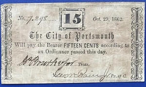 Obsolete Currency - Fifteen Cents 1862 The City of Portsmouth #73644 - Picture 1 of 2