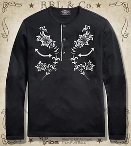 Camiseta deportiva de algodón mercerizado RRL Ralph Lauren para hombre negra bordada Henley - Imagen 1 de 3