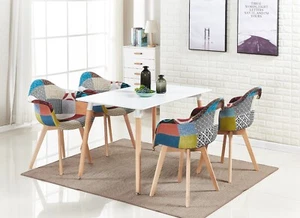Patchwork Halo Dining Table Set - a White Table w/ 4 Fabric Tub Dining Chairs - Picture 1 of 8
