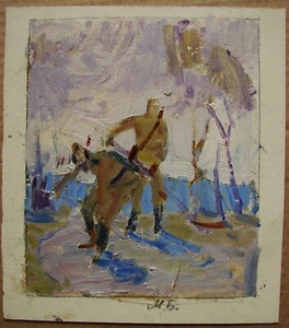 Ukrainian Soviet USSR Oil Painting impressionism sapper soldier WW2 sketch - Picture 1 of 7