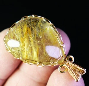 Natural Clear Golden Sun Rutilated Titanium Quartz Crystal Stone Pendant Healing - Picture 1 of 17