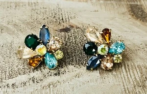 J Crew Signed Crystal Cluster Multicolor Jewel Stone Stud 1” Statement Earrings - Picture 1 of 7