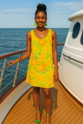 Vestido sem mangas Jams World floral amarelo brilhante laranja verde sol, tamanho M - Imagem 1 de 4